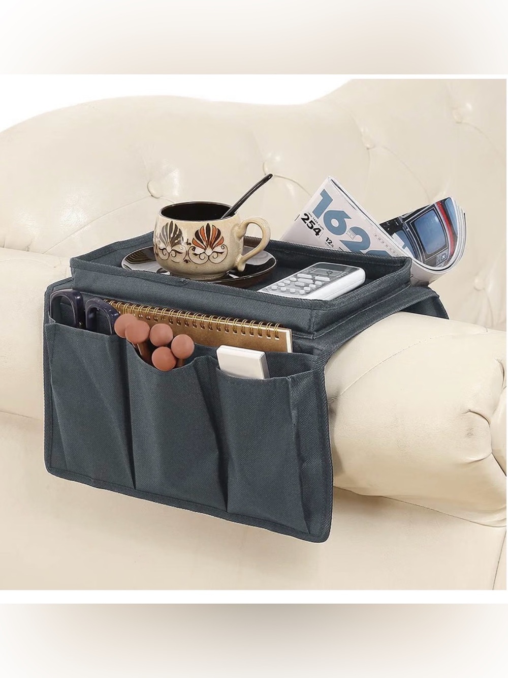 Universal Black Armrest Caddy Storage Organizer with top tray with side pockets